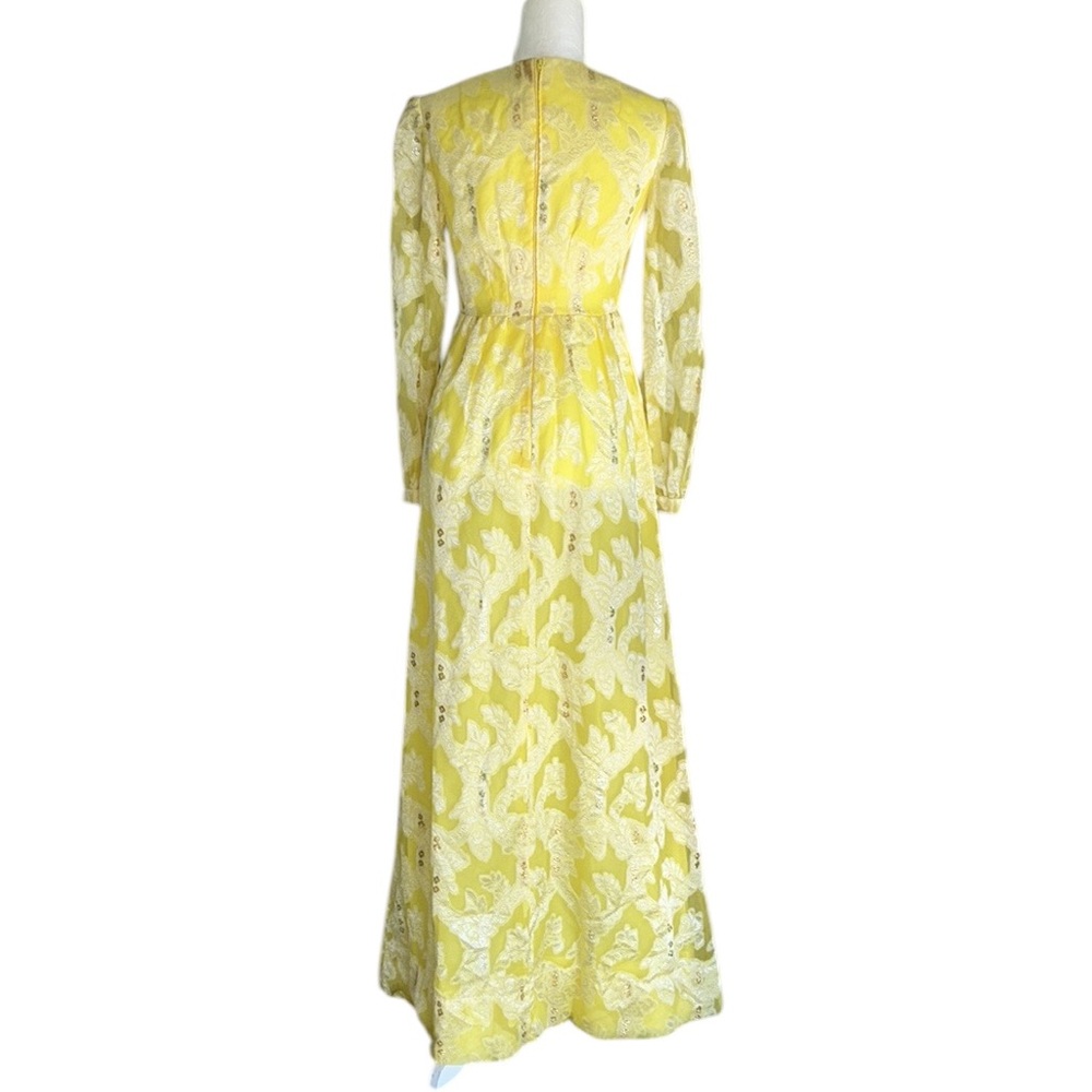 Vintage Handmade Yellow Metallic Gold Silver Floral Jacquard Maxi Dress Gown  XS - Picture 5 of 9